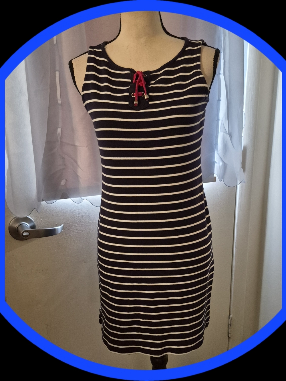 Talbots Nautical Stripe Lace Up Sleevless "Throw on and Go" Mini Shift Dress